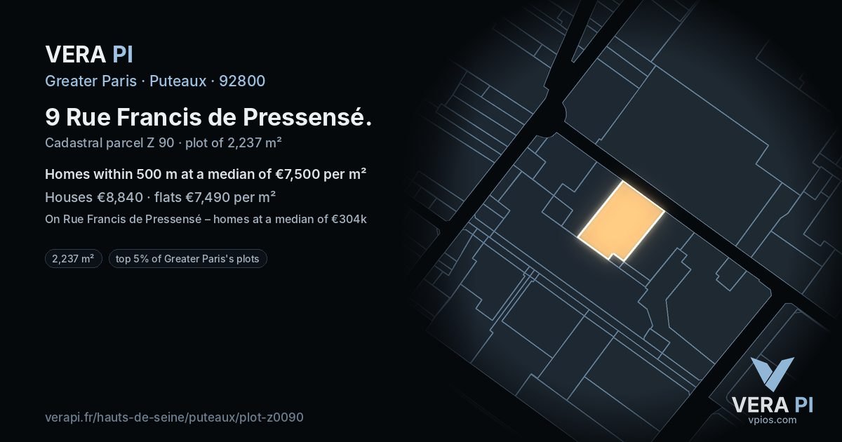 9 Rue Francis de Pressensé, Puteaux at night – the plot lit, the parcels around coloured by the prices near them