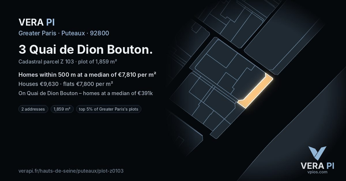 3 Quai de Dion Bouton, Puteaux at night – the plot lit, the parcels around coloured by the prices near them