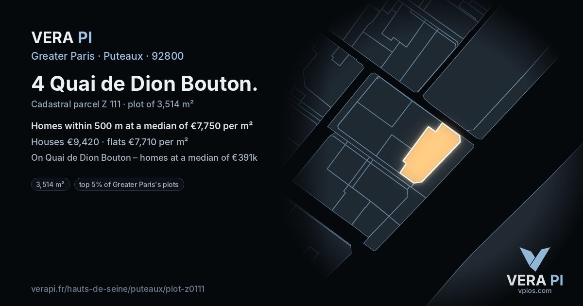 4 Quai de Dion Bouton, Puteaux at night – the plot lit, the parcels around coloured by the prices near them