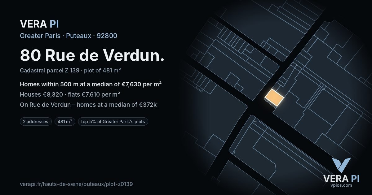 80 Rue de Verdun, Puteaux at night – the plot lit, the parcels around coloured by the prices near them