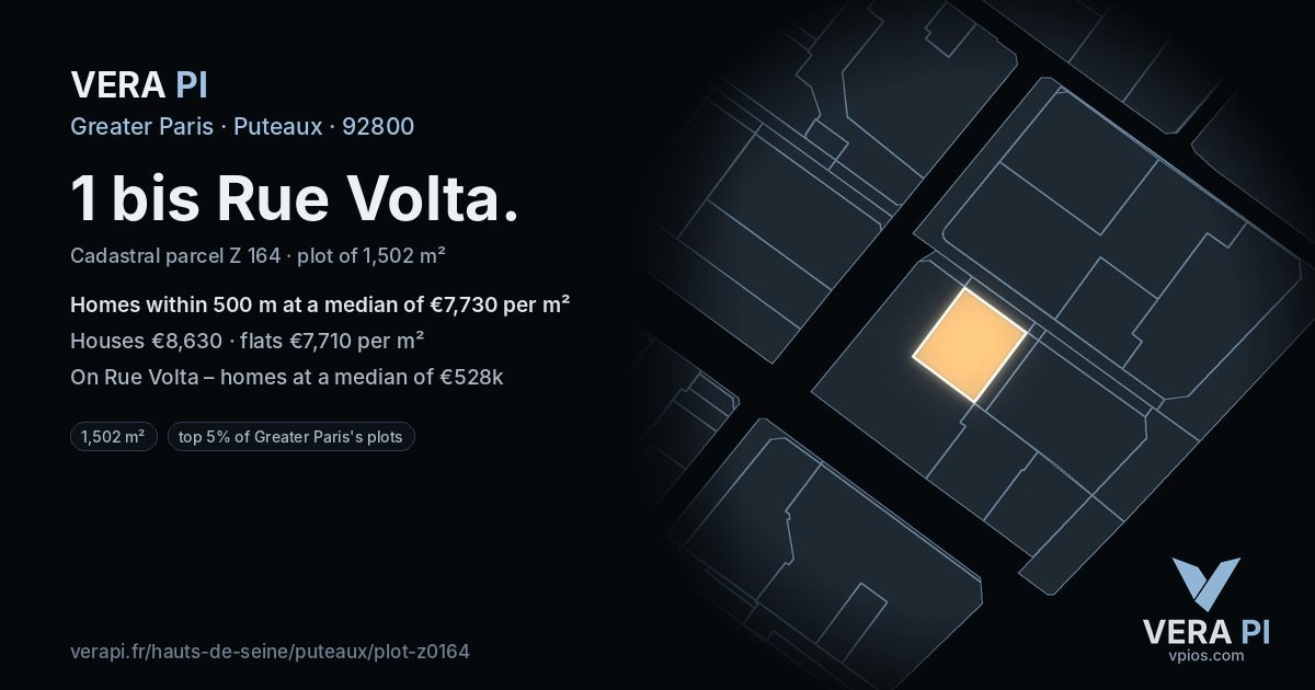 1 bis Rue Volta, Puteaux at night – the plot lit, the parcels around coloured by the prices near them