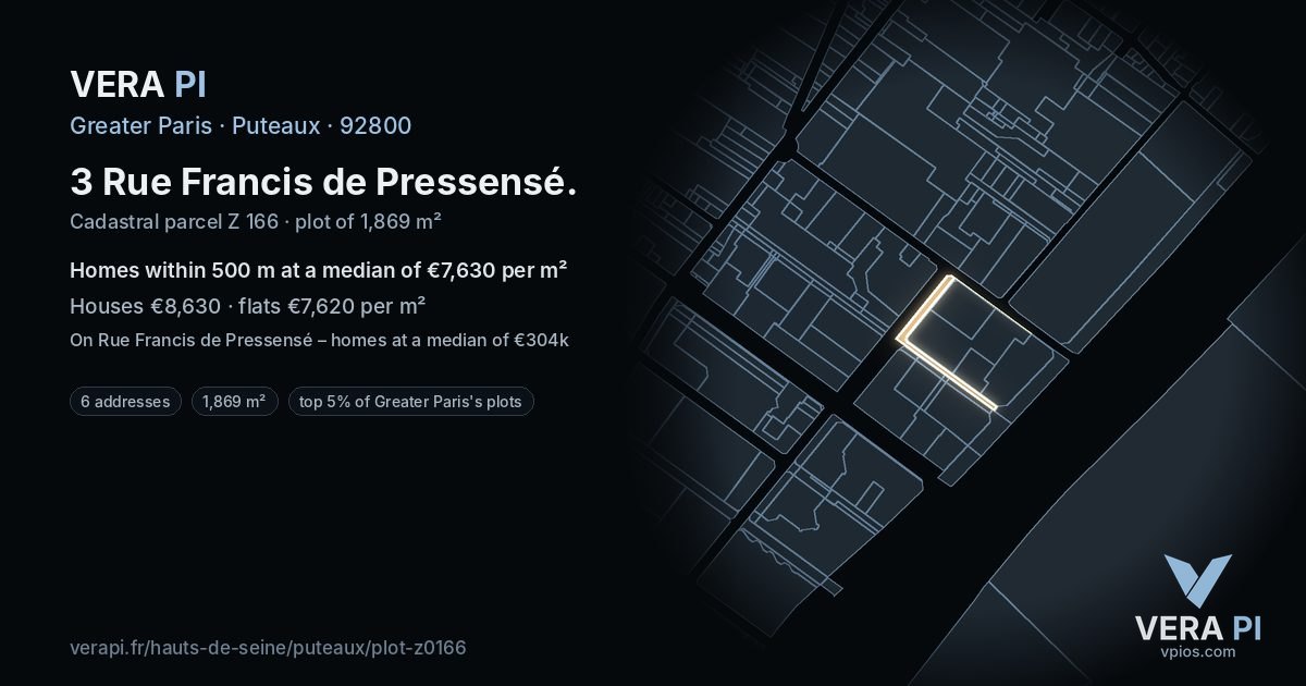 3 Rue Francis de Pressensé, Puteaux at night – the plot lit, the parcels around coloured by the prices near them