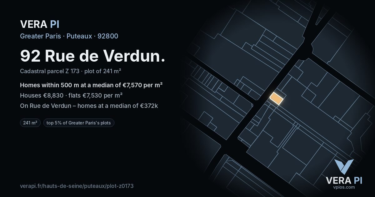 92 Rue de Verdun, Puteaux at night – the plot lit, the parcels around coloured by the prices near them