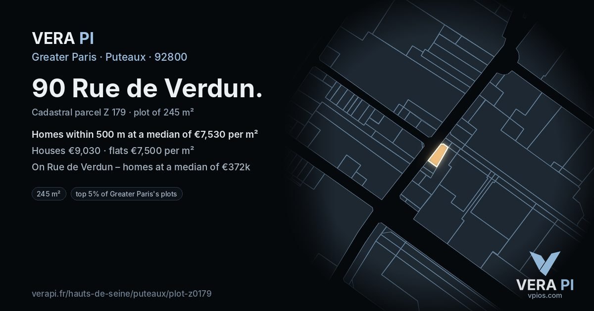 90 Rue de Verdun, Puteaux at night – the plot lit, the parcels around coloured by the prices near them