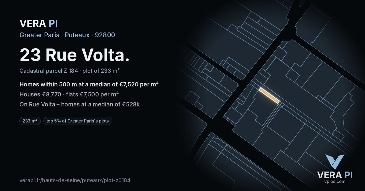 23 Rue Volta, Puteaux at night – the plot lit, the parcels around coloured by the prices near them