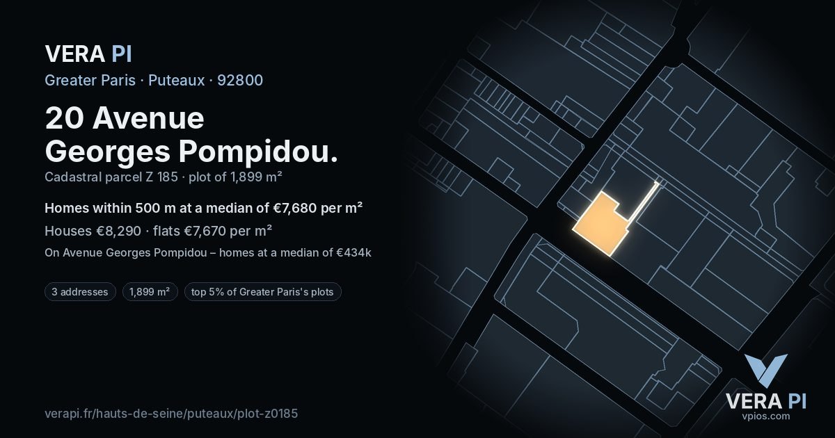 20 Avenue Georges Pompidou, Puteaux at night – the plot lit, the parcels around coloured by the prices near them