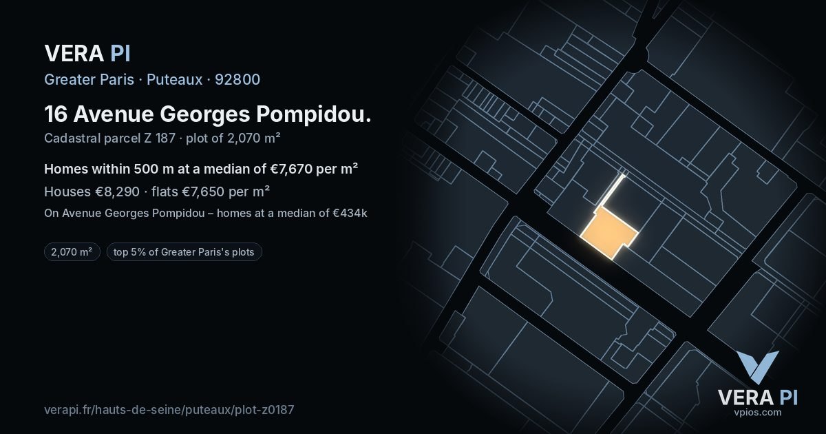 16 Avenue Georges Pompidou, Puteaux at night – the plot lit, the parcels around coloured by the prices near them