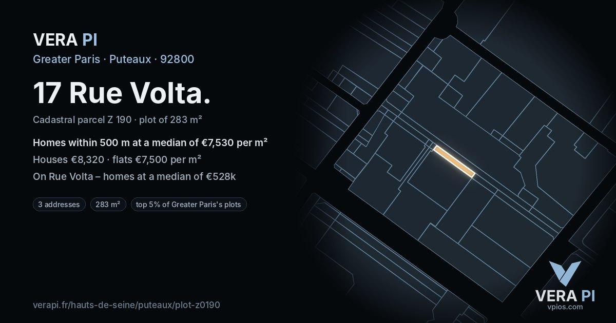 17 Rue Volta, Puteaux at night – the plot lit, the parcels around coloured by the prices near them