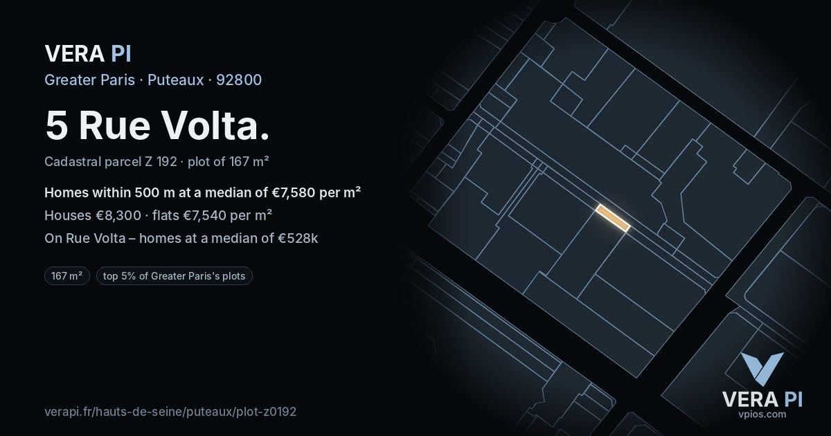 5 Rue Volta, Puteaux at night – the plot lit, the parcels around coloured by the prices near them