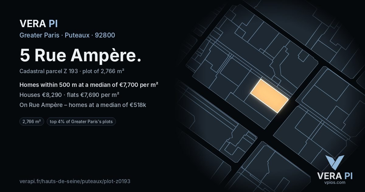 5 Rue Ampère, Puteaux at night – the plot lit, the parcels around coloured by the prices near them
