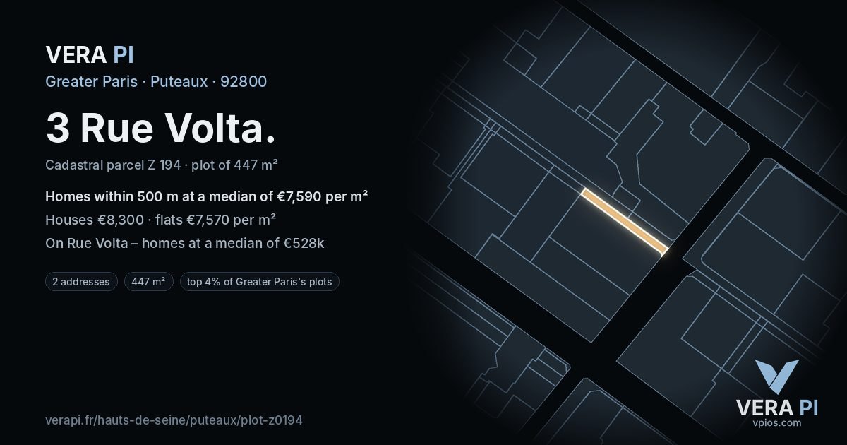 3 Rue Volta, Puteaux at night – the plot lit, the parcels around coloured by the prices near them