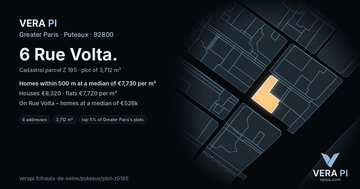 6 Rue Volta, Puteaux at night – the plot lit, the parcels around coloured by the prices near them
