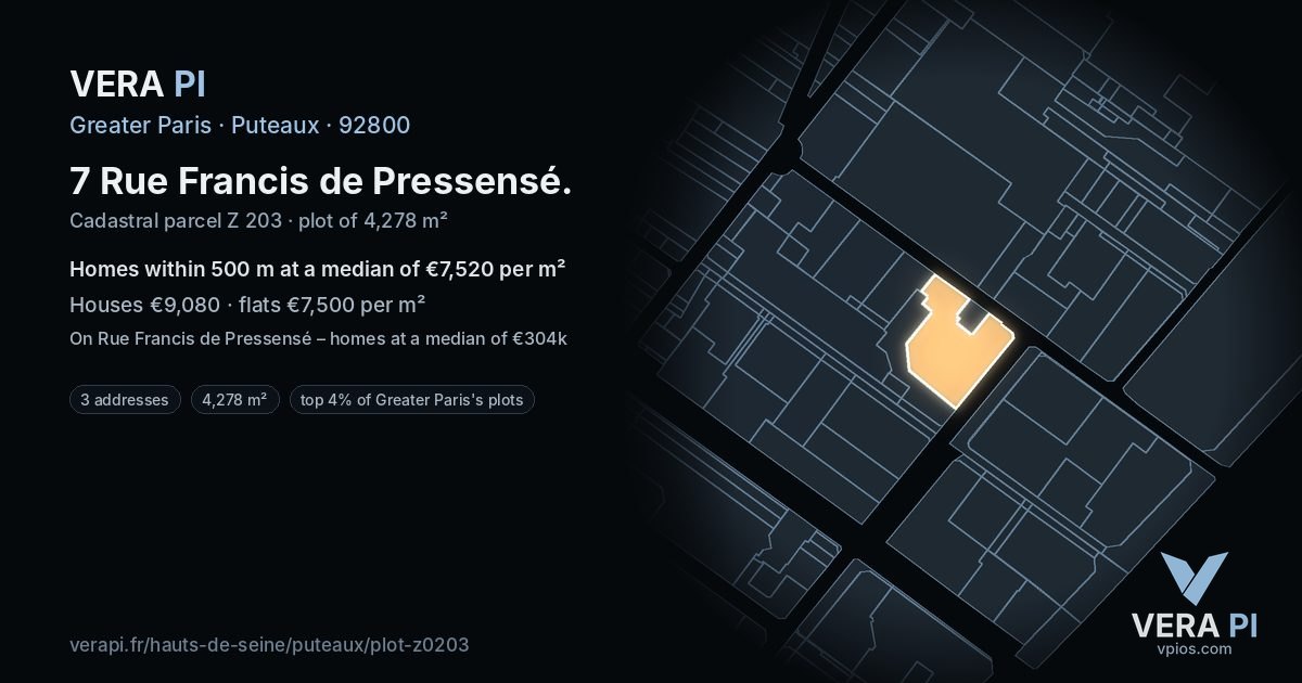 7 Rue Francis de Pressensé, Puteaux at night – the plot lit, the parcels around coloured by the prices near them