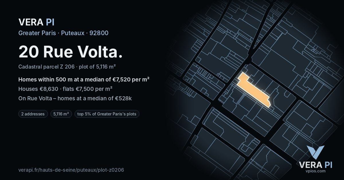 20 Rue Volta, Puteaux at night – the plot lit, the parcels around coloured by the prices near them