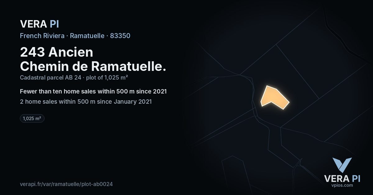 243 Ancien Chemin de Ramatuelle, Ramatuelle at night – the plot lit, the parcels around coloured by the prices near them