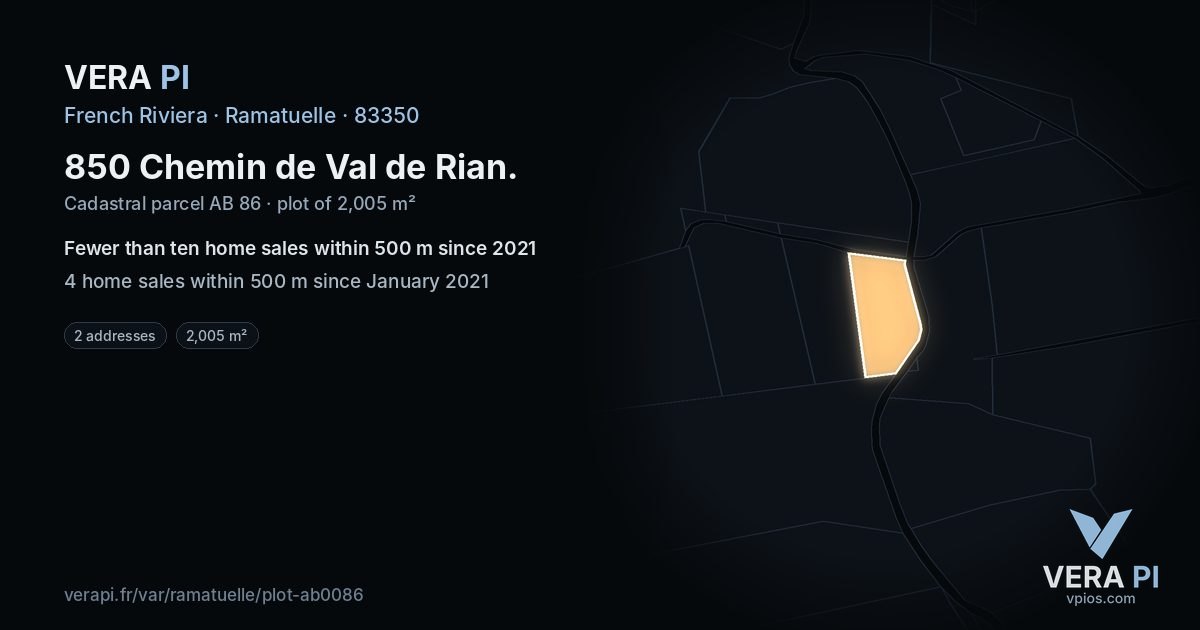 850 Chemin de Val de Rian, Ramatuelle at night – the plot lit, the parcels around coloured by the prices near them