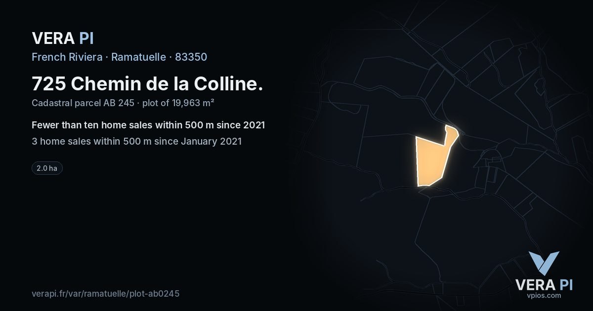 725 Chemin de la Colline, Ramatuelle at night – the plot lit, the parcels around coloured by the prices near them