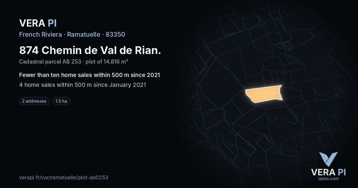 874 Chemin de Val de Rian, Ramatuelle at night – the plot lit, the parcels around coloured by the prices near them