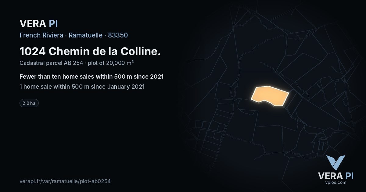 1024 Chemin de la Colline, Ramatuelle at night – the plot lit, the parcels around coloured by the prices near them
