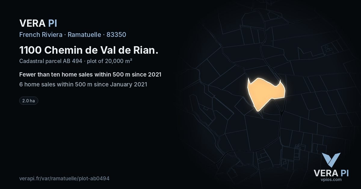 1100 Chemin de Val de Rian, Ramatuelle at night – the plot lit, the parcels around coloured by the prices near them
