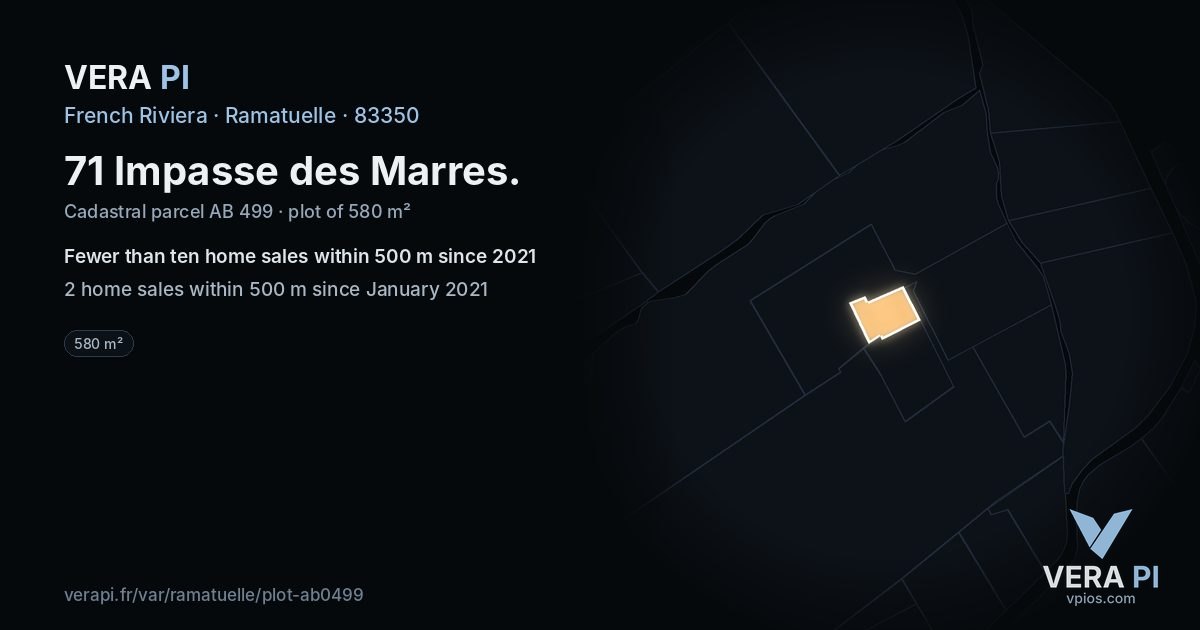 71 Impasse des Marres, Ramatuelle at night – the plot lit, the parcels around coloured by the prices near them