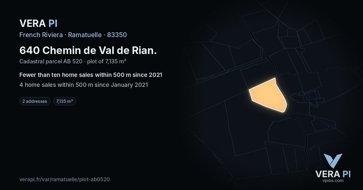 640 Chemin de Val de Rian, Ramatuelle at night – the plot lit, the parcels around coloured by the prices near them