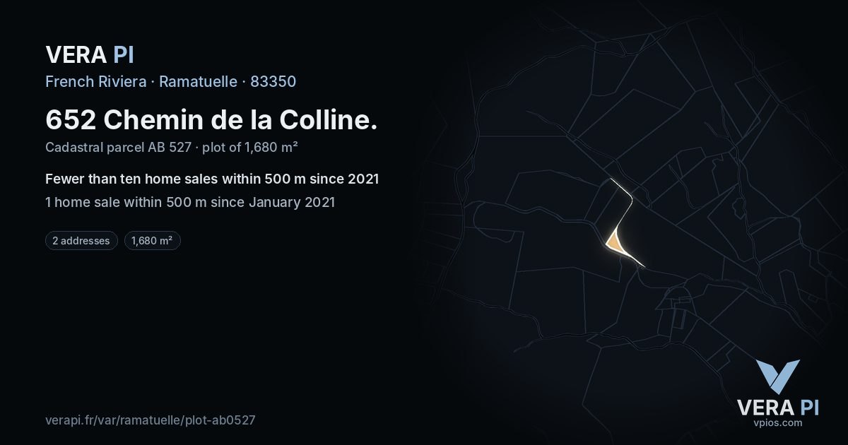 652 Chemin de la Colline, Ramatuelle at night – the plot lit, the parcels around coloured by the prices near them