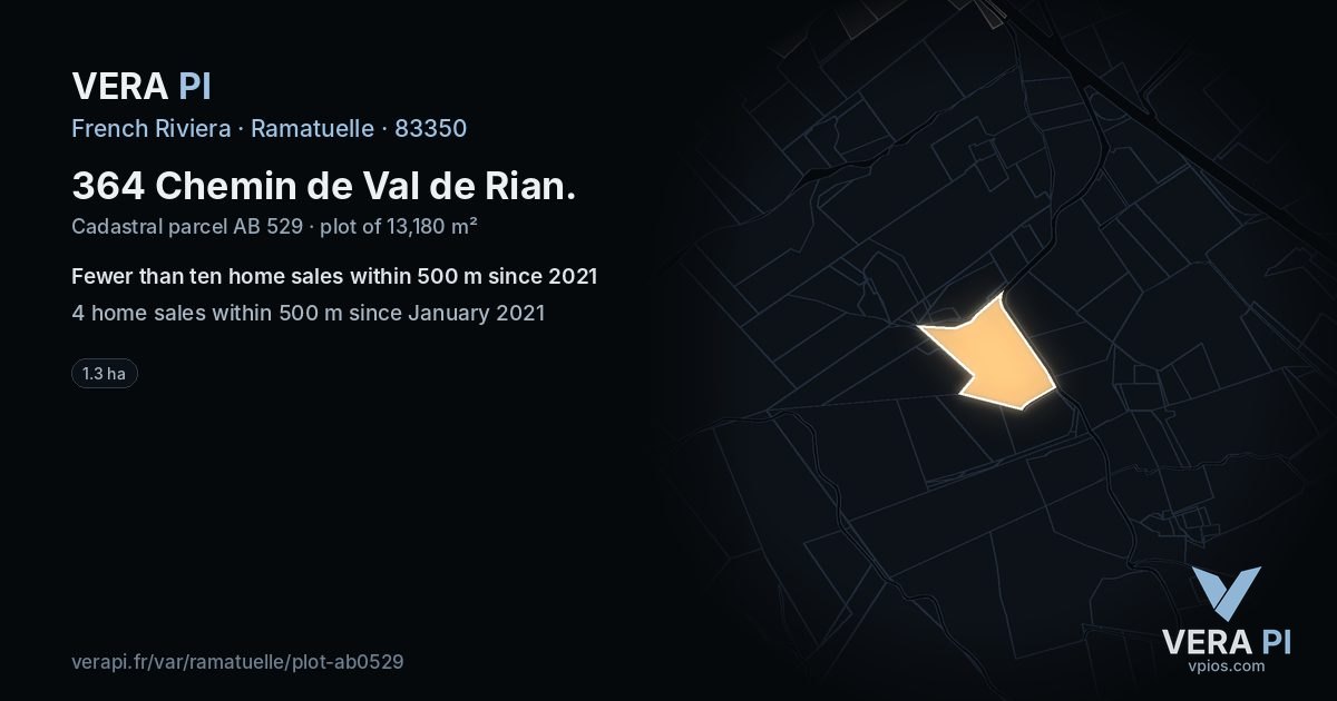 364 Chemin de Val de Rian, Ramatuelle at night – the plot lit, the parcels around coloured by the prices near them