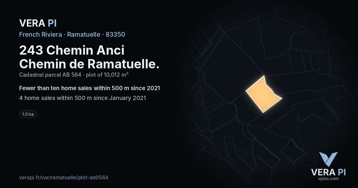 243 Chemin Anci Chemin de Ramatuelle, Ramatuelle at night – the plot lit, the parcels around coloured by the prices near them