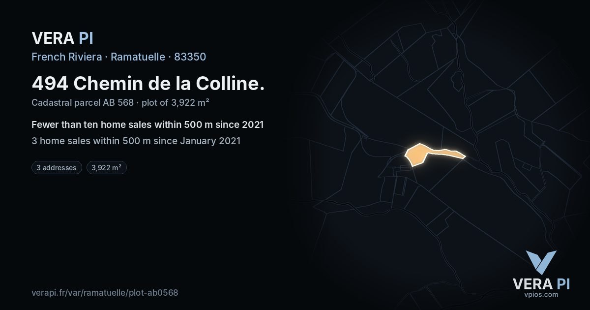 494 Chemin de la Colline, Ramatuelle at night – the plot lit, the parcels around coloured by the prices near them
