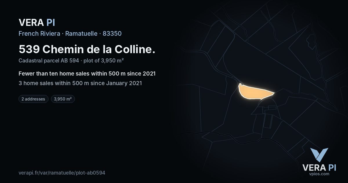 539 Chemin de la Colline, Ramatuelle at night – the plot lit, the parcels around coloured by the prices near them