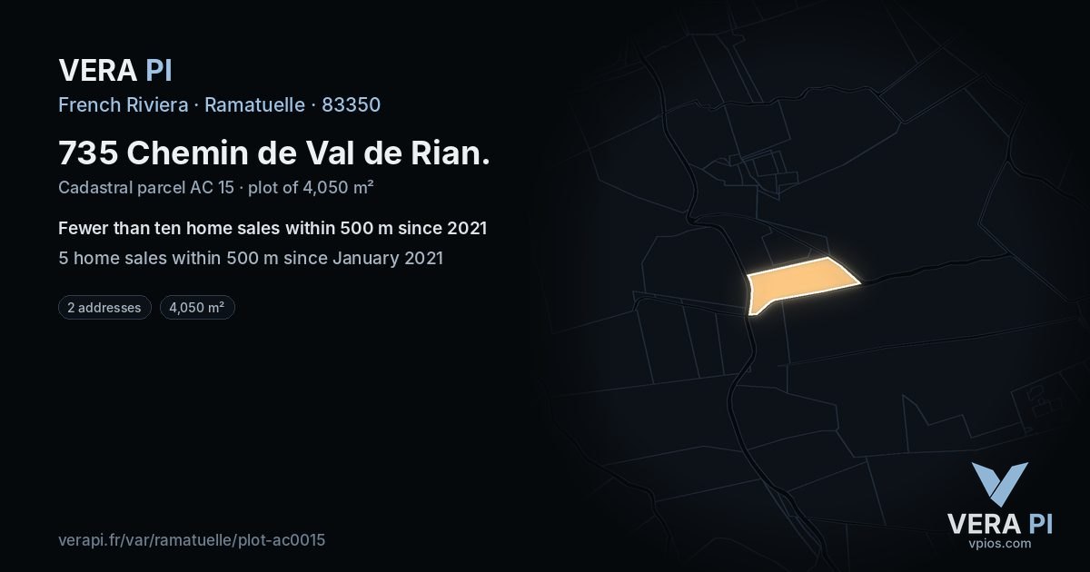 735 Chemin de Val de Rian, Ramatuelle at night – the plot lit, the parcels around coloured by the prices near them