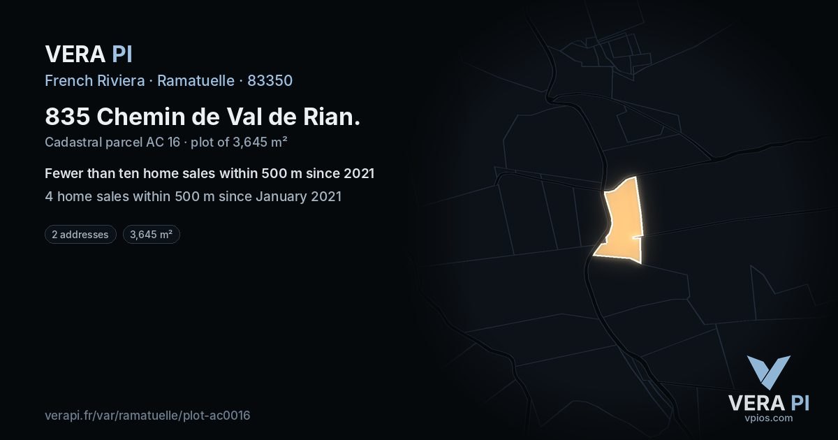 835 Chemin de Val de Rian, Ramatuelle at night – the plot lit, the parcels around coloured by the prices near them