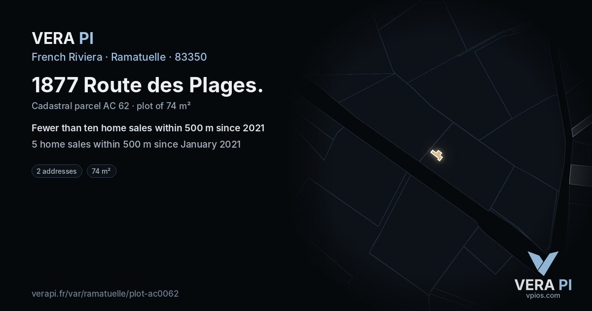 1877 Route des Plages, Ramatuelle at night – the plot lit, the parcels around coloured by the prices near them