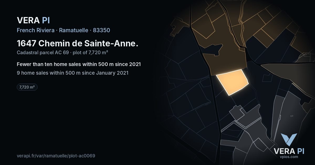 1647 Chemin de Sainte-Anne, Ramatuelle at night – the plot lit, the parcels around coloured by the prices near them