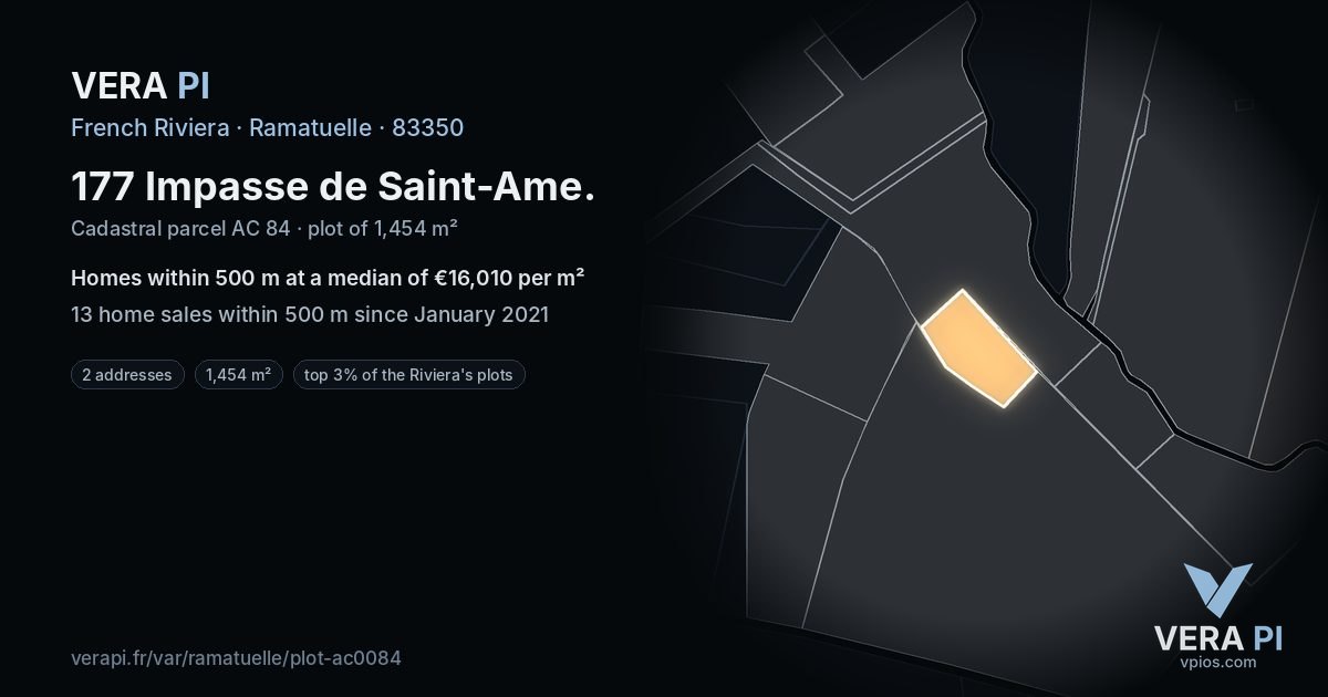 177 Impasse de Saint-Ame, Ramatuelle at night – the plot lit, the parcels around coloured by the prices near them