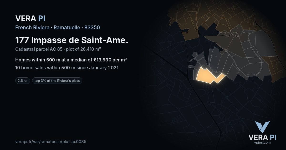 177 Impasse de Saint-Ame, Ramatuelle at night – the plot lit, the parcels around coloured by the prices near them