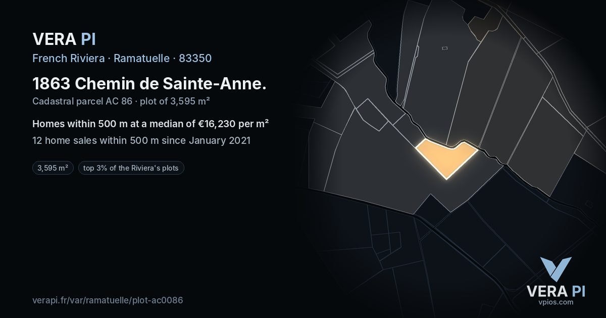 1863 Chemin de Sainte-Anne, Ramatuelle at night – the plot lit, the parcels around coloured by the prices near them