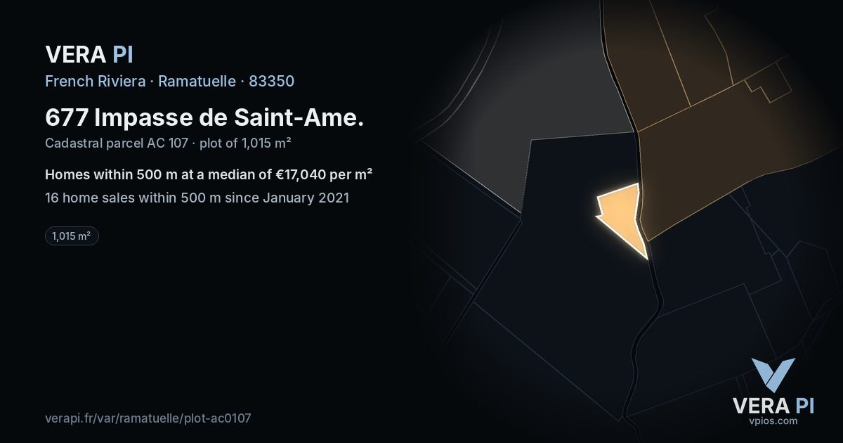 677 Impasse de Saint-Ame, Ramatuelle at night – the plot lit, the parcels around coloured by the prices near them
