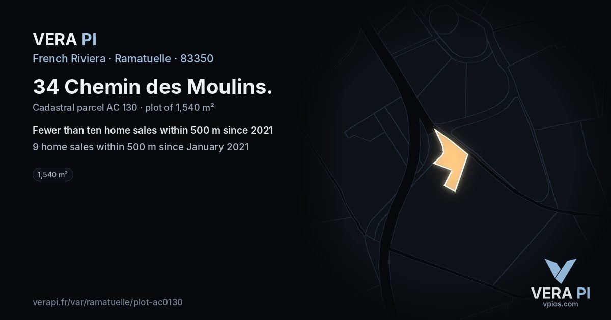 34 Chemin des Moulins, Ramatuelle at night – the plot lit, the parcels around coloured by the prices near them