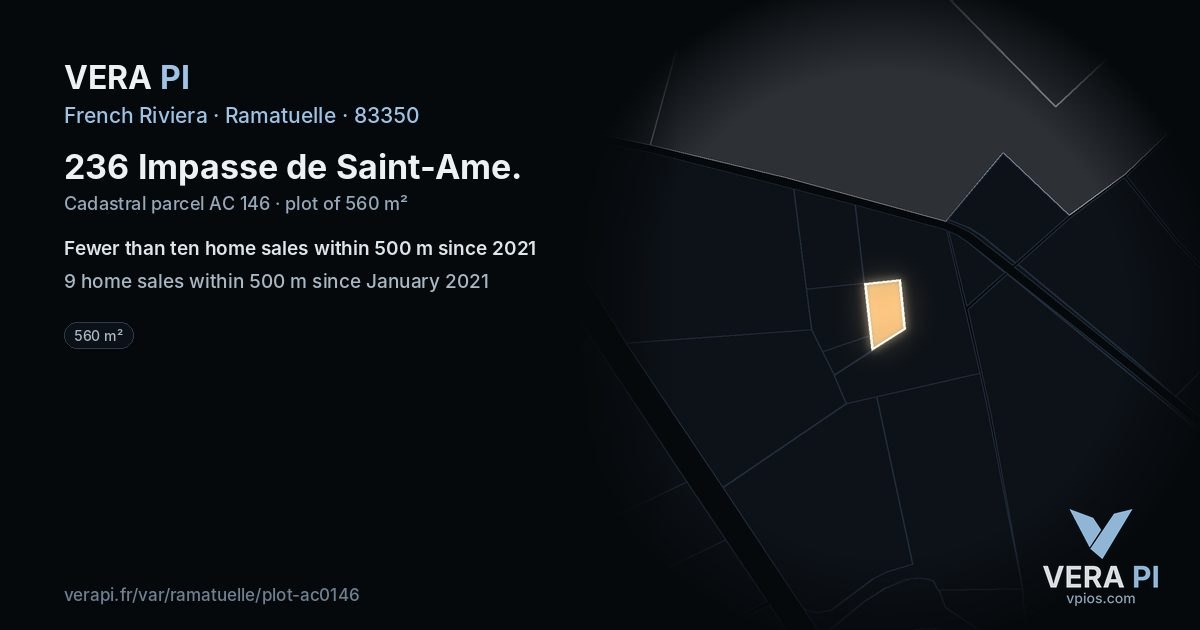236 Impasse de Saint-Ame, Ramatuelle at night – the plot lit, the parcels around coloured by the prices near them