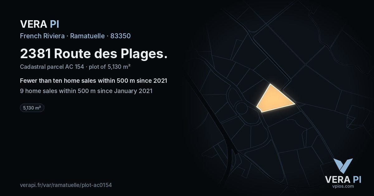 2381 Route des Plages, Ramatuelle at night – the plot lit, the parcels around coloured by the prices near them