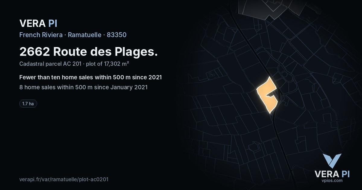 2662 Route des Plages, Ramatuelle at night – the plot lit, the parcels around coloured by the prices near them