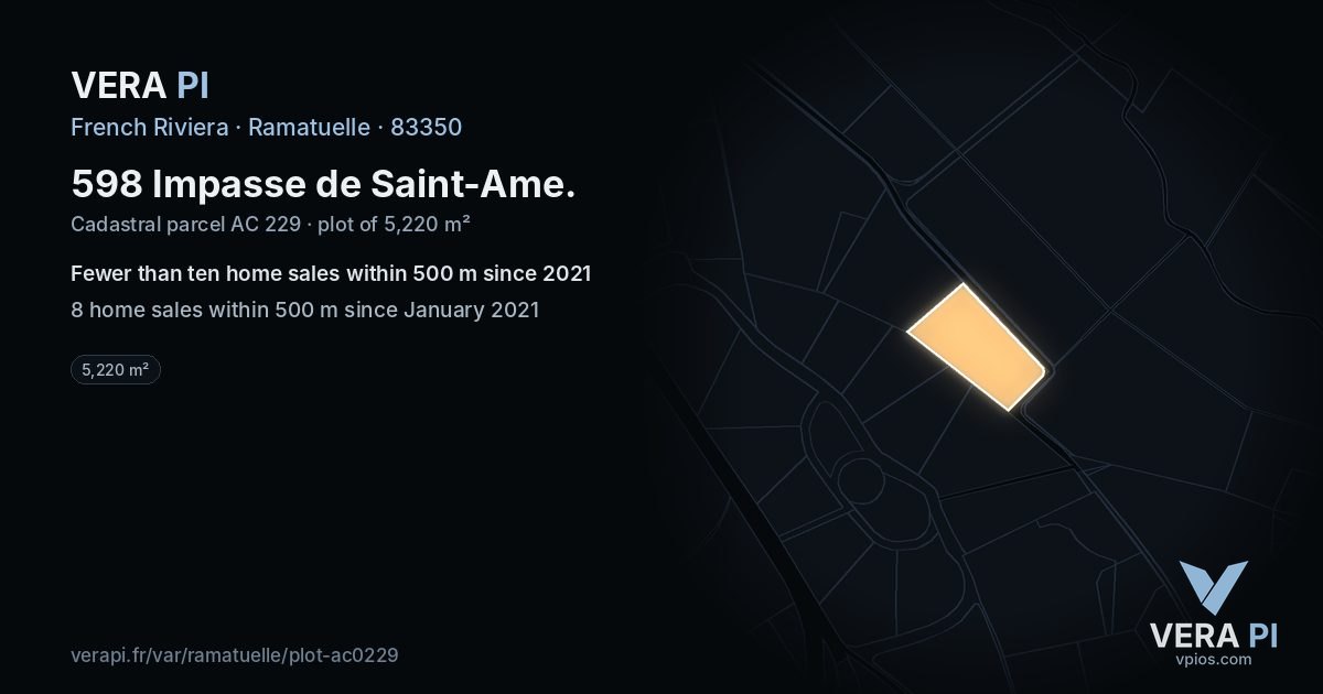 598 Impasse de Saint-Ame, Ramatuelle at night – the plot lit, the parcels around coloured by the prices near them