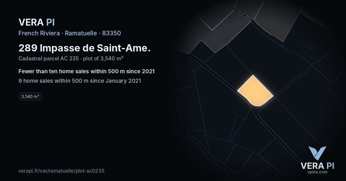 289 Impasse de Saint-Ame, Ramatuelle at night – the plot lit, the parcels around coloured by the prices near them