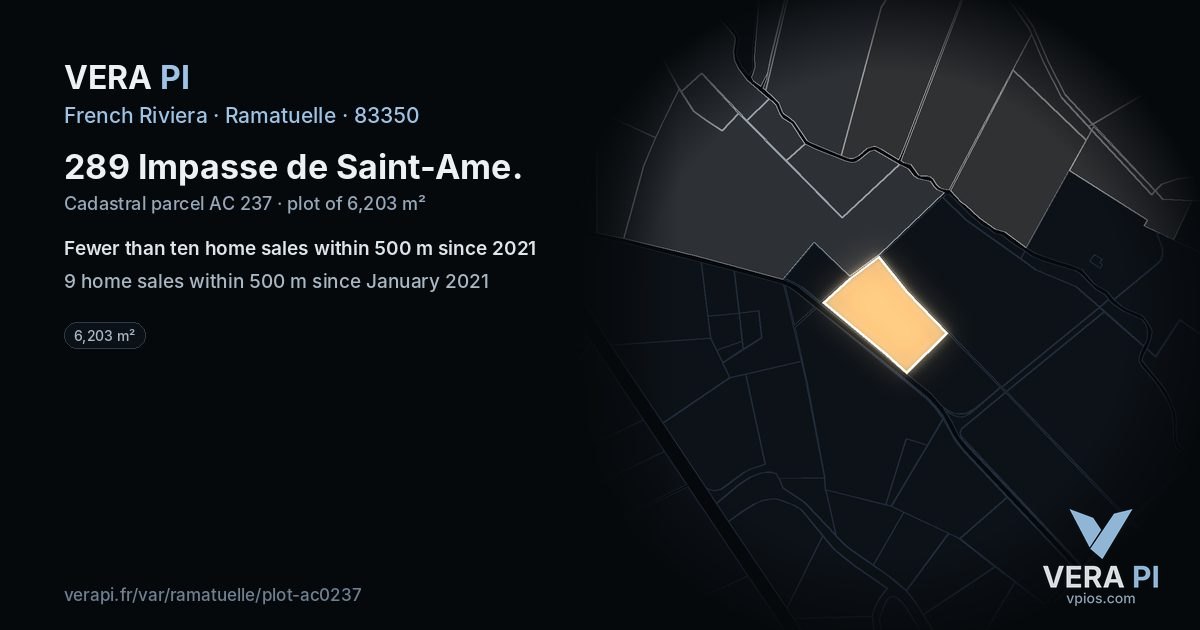 289 Impasse de Saint-Ame, Ramatuelle at night – the plot lit, the parcels around coloured by the prices near them