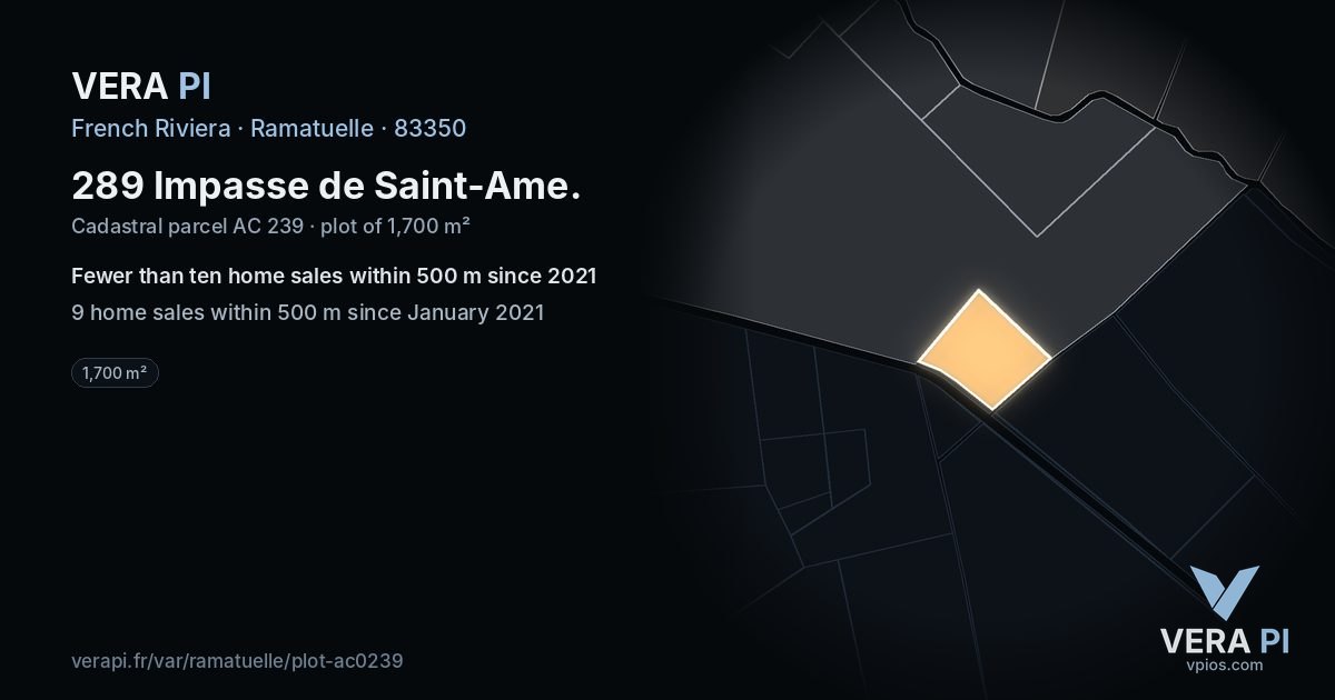 289 Impasse de Saint-Ame, Ramatuelle at night – the plot lit, the parcels around coloured by the prices near them