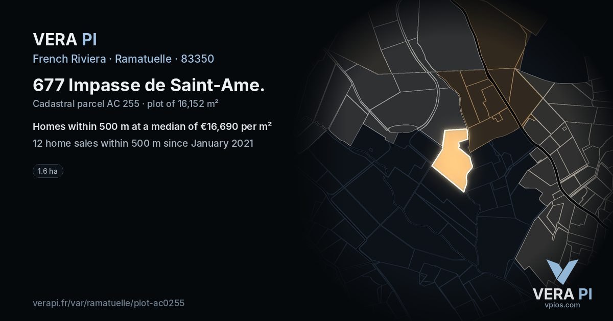 677 Impasse de Saint-Ame, Ramatuelle at night – the plot lit, the parcels around coloured by the prices near them