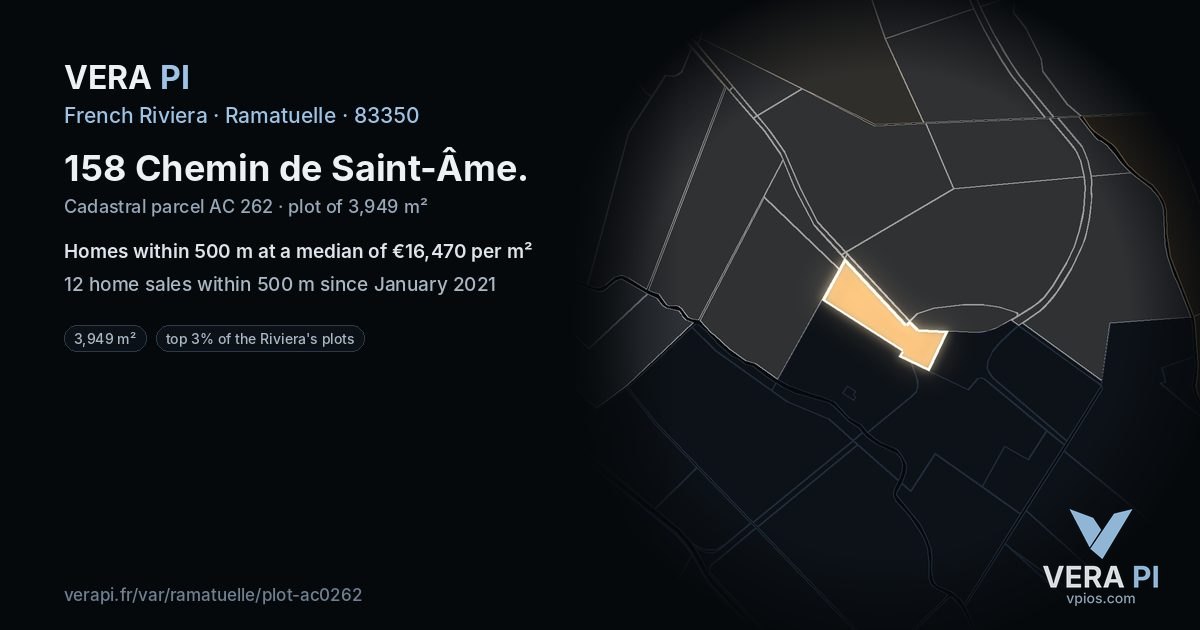 158 Chemin de Saint-Âme, Ramatuelle at night – the plot lit, the parcels around coloured by the prices near them