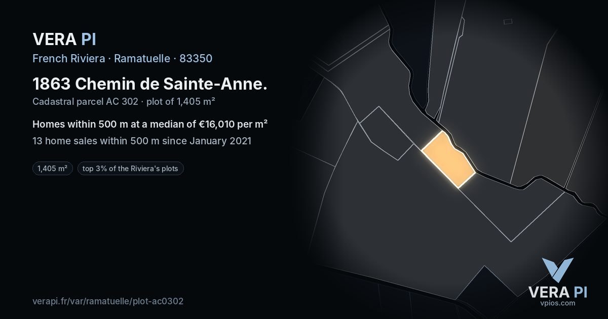 1863 Chemin de Sainte-Anne, Ramatuelle at night – the plot lit, the parcels around coloured by the prices near them